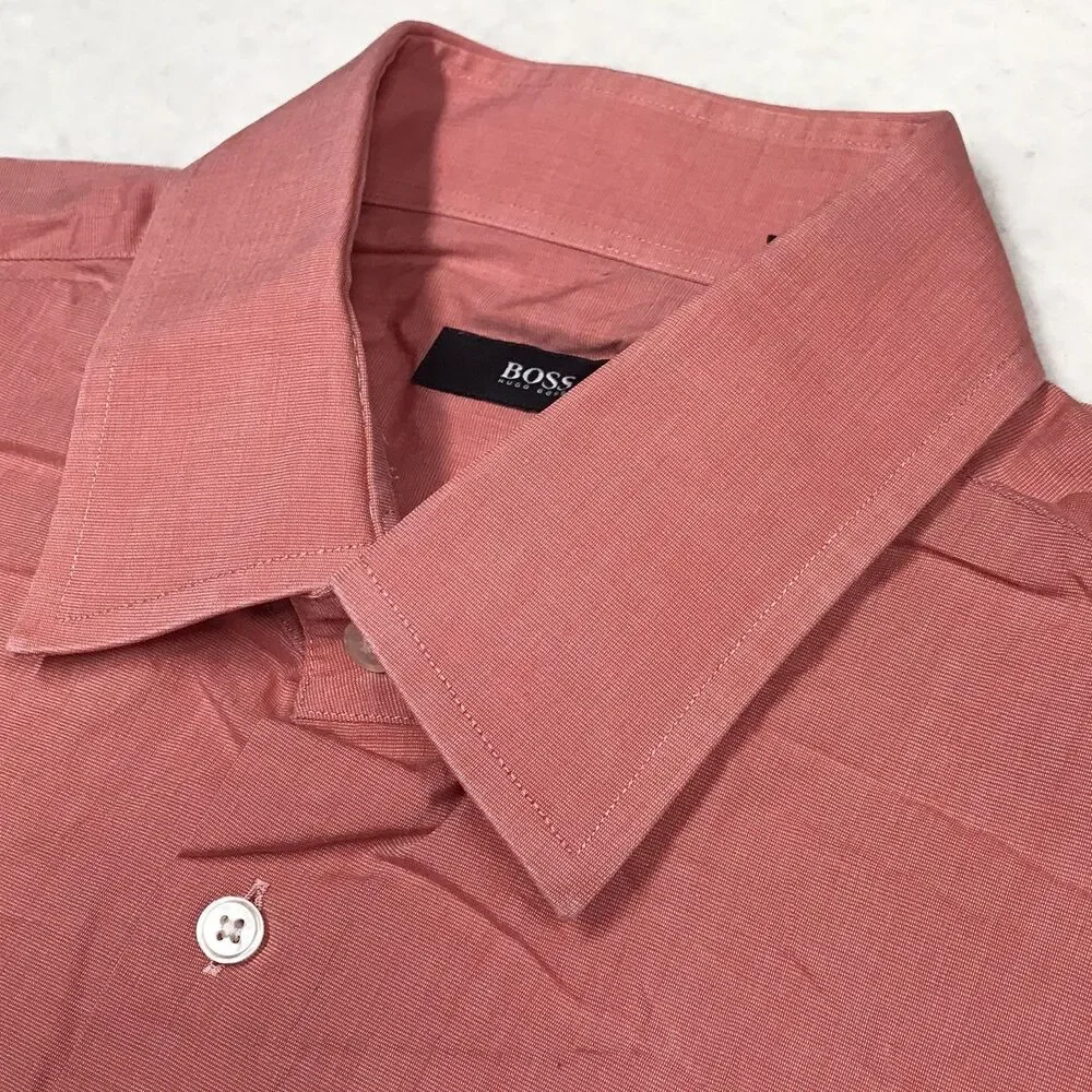 HUGO BOSS Enzo Shirt Men L 16-1/2 34/35 Watermelon Pink Prep Casual Tabby Weave